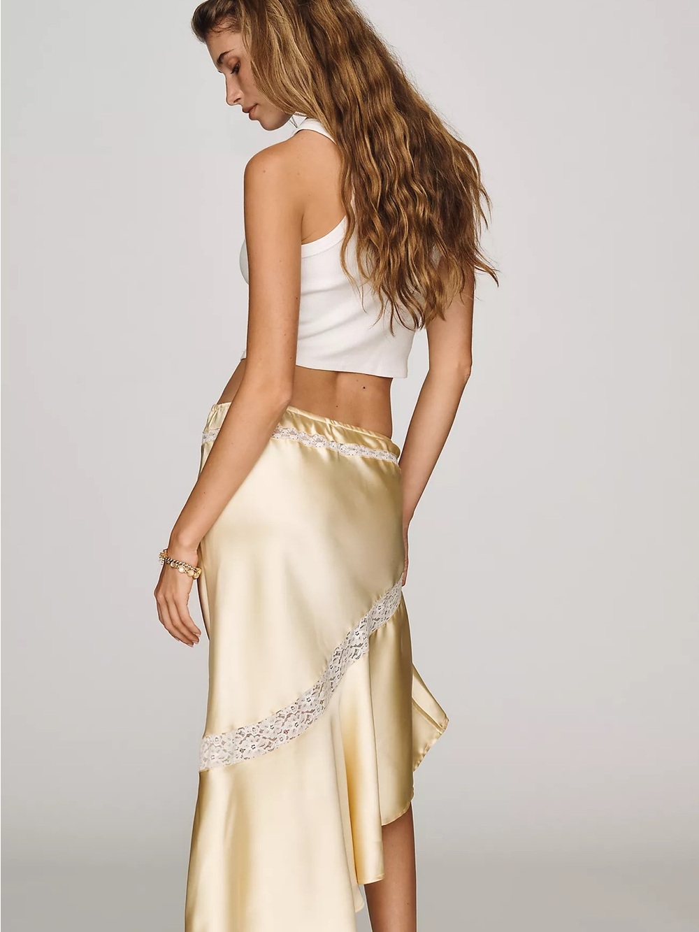 Damson Madder Satin Asymmetric Lace-Trim Skirt in Pale Yellow size US 4